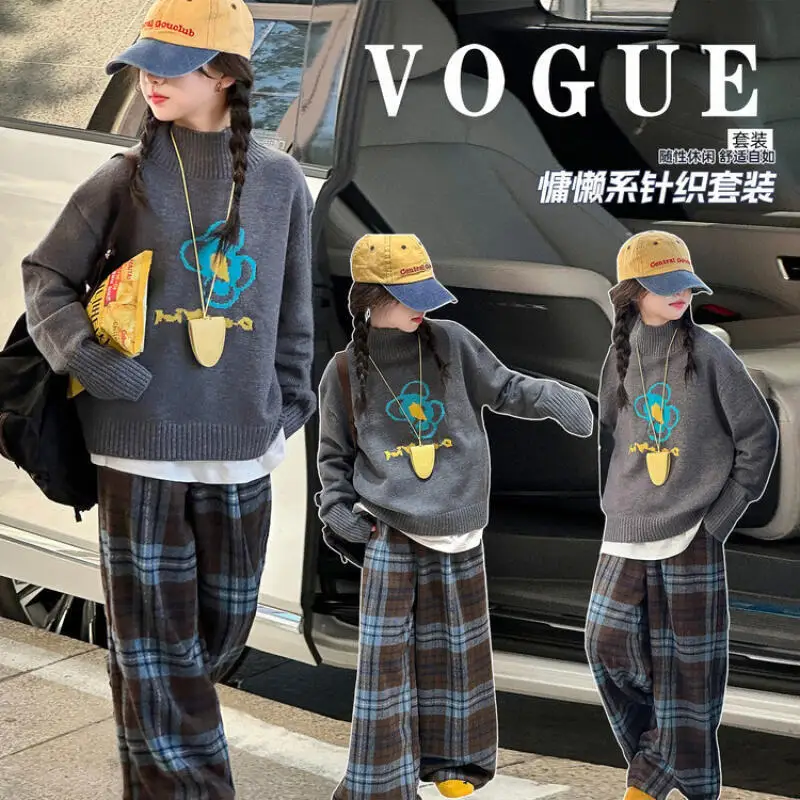 

2Pcs Girls Leisure Costume Anime Kawaii Sweater Pants Set Cute Soft Knit Casual Long Sleeve Plaid Trousers Outfit for Girls