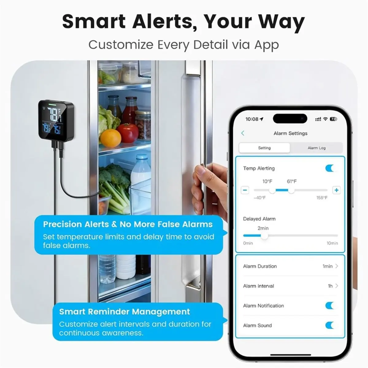 Refrigerator Thermometer with Alarm, Smart Digital WiFi Freezer Thermometer with App Control, Buzzer Alerts