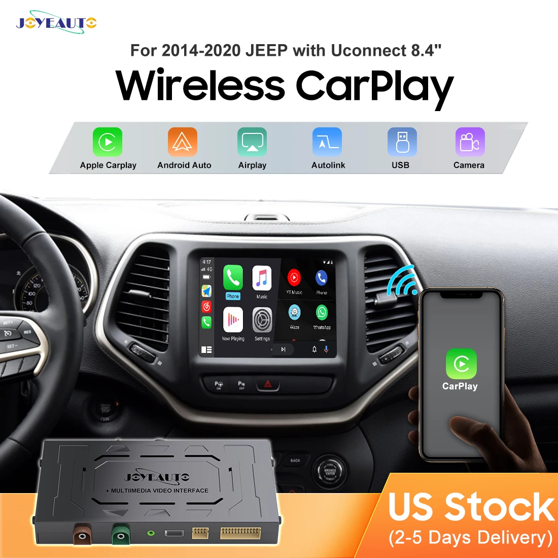 JoyeAuto Wireless CarPlay Retrofit Kit Decoder for Jeep Grand Cherokee Commmander Compass Uconnect 8.4 2014-2020MY Android Auto