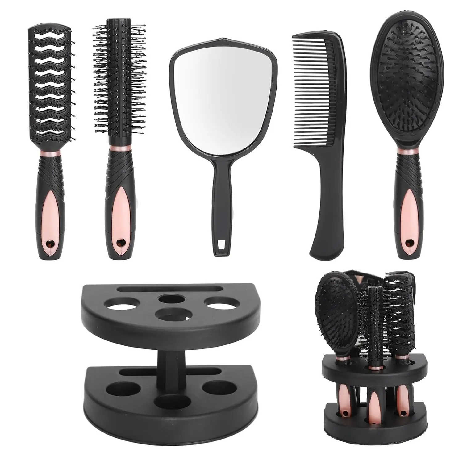 5 Pcs Hair Brush and Comb Set with Mirror and Holder, Professional Salon Hair Brush Set for Wet or Dry Hairll Hair ,All Hair