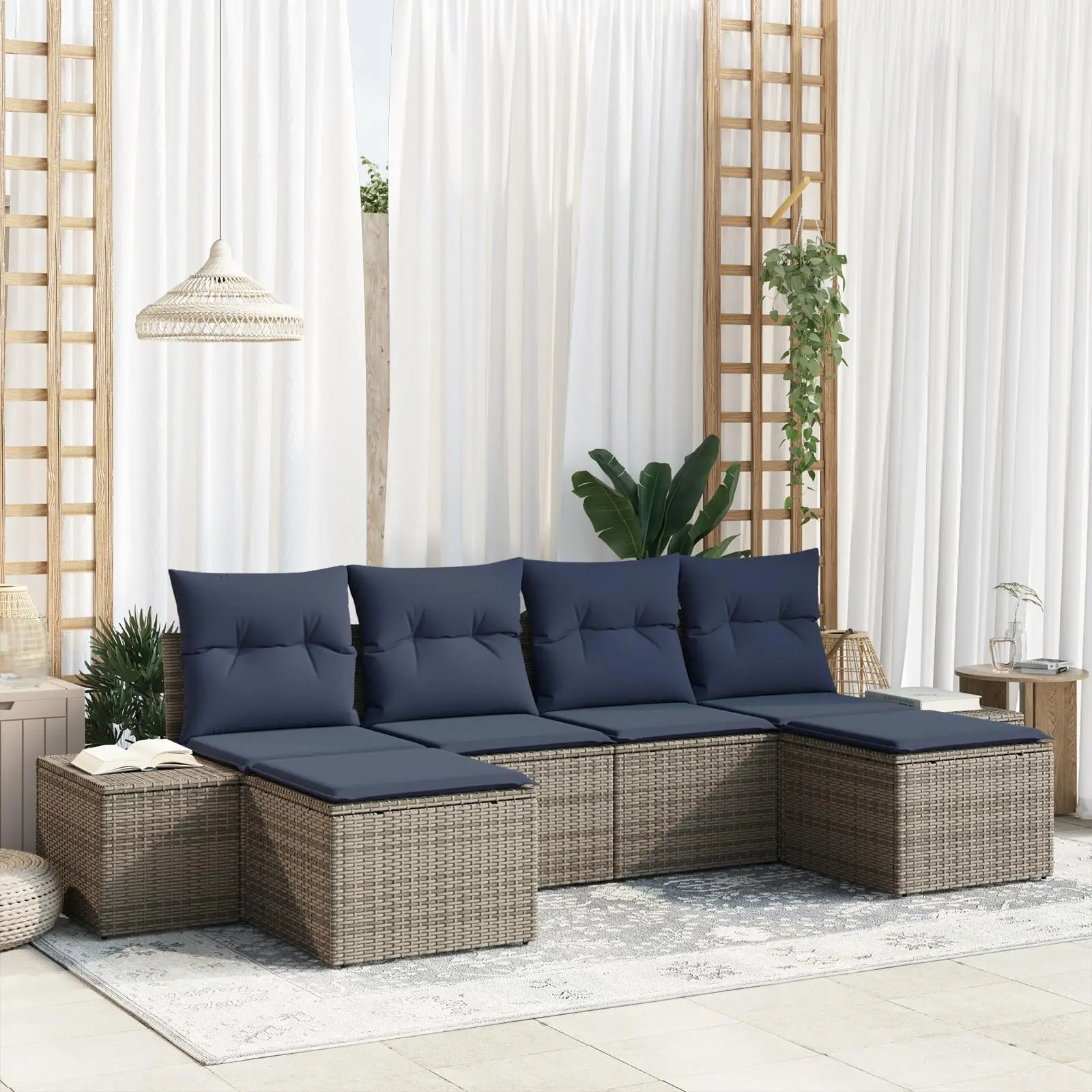 

6 Piece Outdoor Sofa Set with Cushions Grey Poly Rattan Patio Furniture