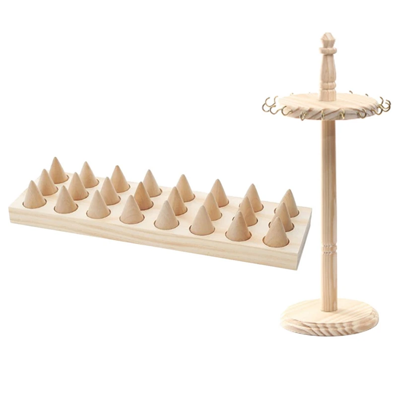 

1 Pcs Bamboo Wood Ring Brackets Ring Display Tray & 1 Pcs Wood 18 Hook Necklace Rack Jewelry Rotating Rack