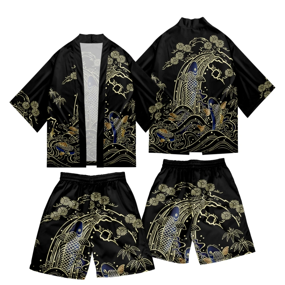 

Kimono Shorts Harajuku Japanese Carp Wave Print Kimono Suit Cosplay Samurai Haori Men Cardigan Beach Yukata Set