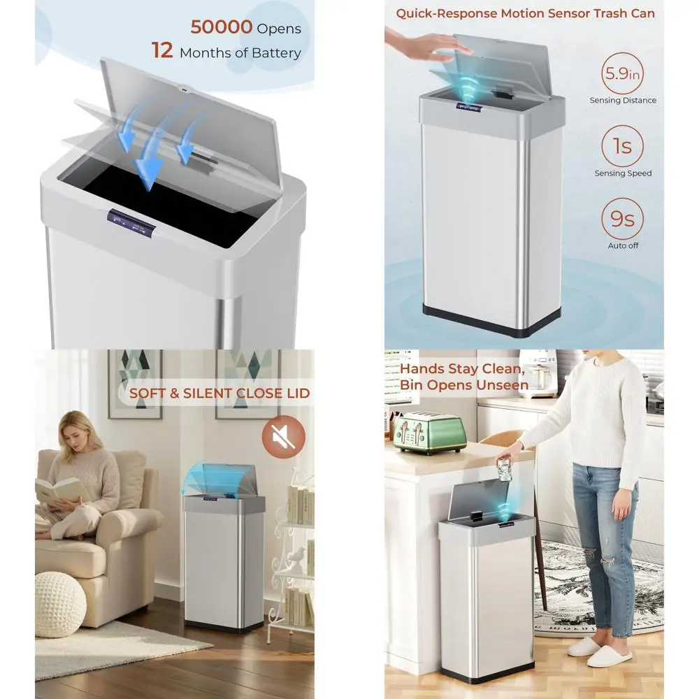 Cubo de Basura de Acero Inoxidable de 50L con Tapa y Soporte para Bolsas, sin Contacto, para Cocina, Oficina, Autocaravana y Sala de Estar (Plateado)