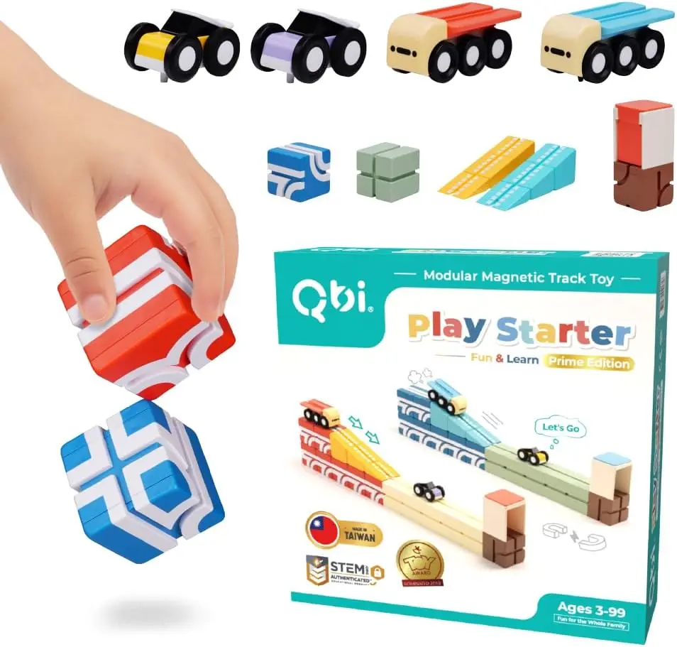 

Magnetic Block Tracks Play Starter Set｜4-in-1 STEM Building Blocks with 4 Cars & 3D Tracks｜Educational Sensory Magnet Toys｜Presc