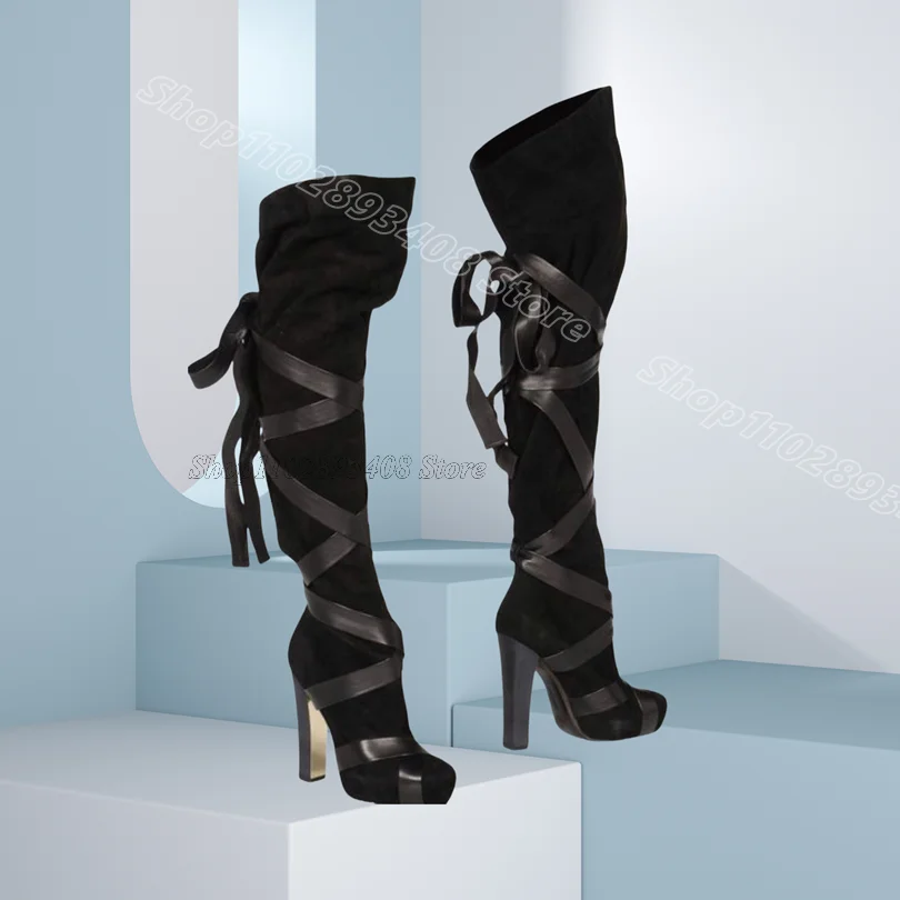 

Black Cross Band Flock Boots Round Toe Chunky Heels British Style Party Women Spring Fashion Over Knee Boots Zapatos Para Mujere