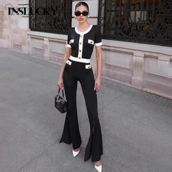 InsLucky Summer Office Lady Elegant Jumpsuits Women Sexy Back Hollow Out O Neck Button Flare Pants Trousers Patchwork Clothing