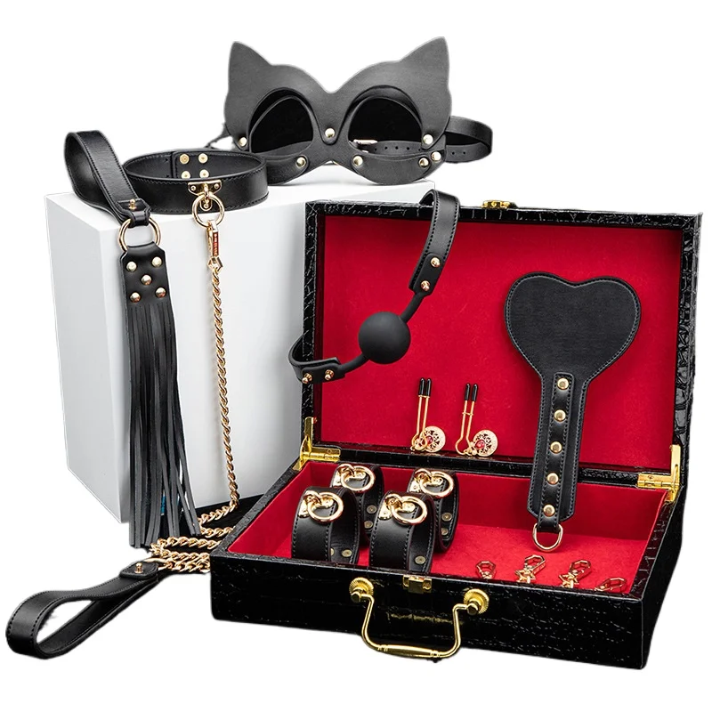 High-end SM Leather 8-Piece Set with Case: Handcuffs, Leash Collar, Punishment, Training, Whip Adult Toys