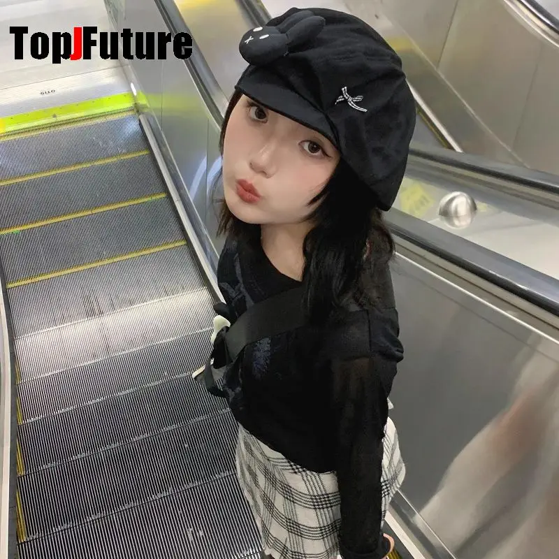 Wholesale Custom Make Customized Women Harajuku Gothic Lolita Beret hat Cap Y2K Girl Black Rabbit Bow Grid Sun hats image 5