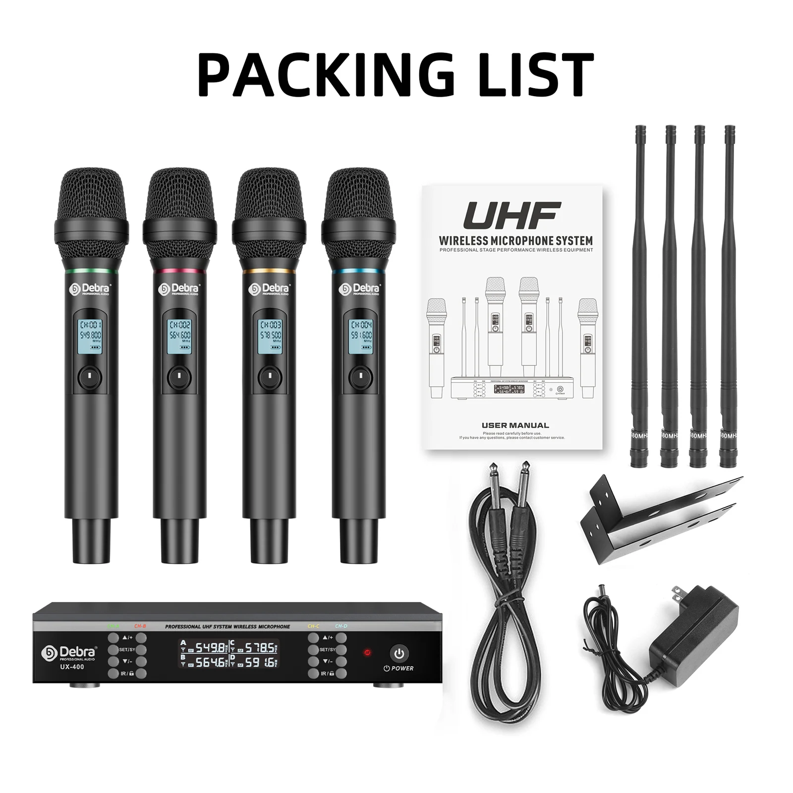 Debra UX-400 Vierkanaliges Mikrofonsystem, UHF Aufladbares Mikrofon, Infrarot-Frequenzpaarung, für Bühnenauftritte – Detail 14