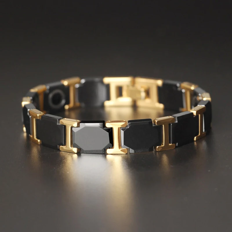 11mm Punk Luxury Black Ceramic Magnetic Health Germanium Bracelet Men Women Gold Color Stainless Steel Bike Chain Bangle Jewelry