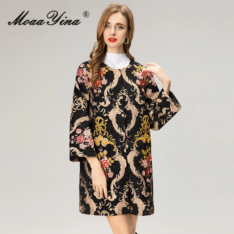 

MoaaYina Fashion Round Neck Jacquard Heavy Industry Nail Bead Embroidery Medium length Coat 2025 Autumn/Winter Women's