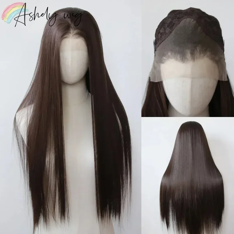 

13*4 Dark Brown Synthetic Lace Front Wigs Chocolate Brown Long Straight Lace Front Wig for Women Pre Plucked Natural Hairline