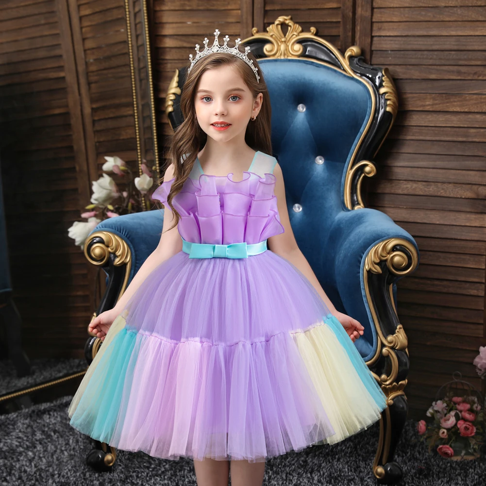 

Purple Girl Multi-Color Mesh Princess Dress with Bowtie Birthday Dinner Wear for 2 to 10 Years Child Performance Fluffy Dress,