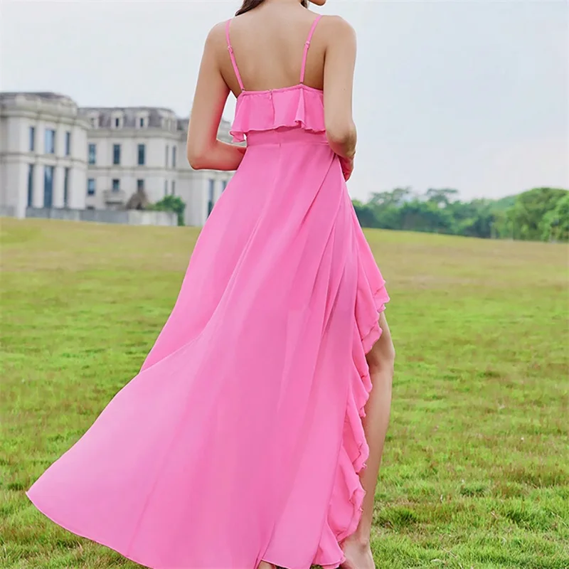 Summer Pink Women Prom Dress Sexy Side Split Sleeveless Evening Party Gown Ruffles Ankle Length Long Robes In Stock