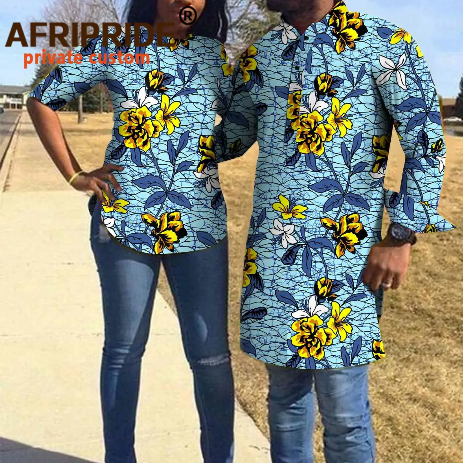 2022 African Clothes for Couple Match Print Shirts for Men and Women Plus Size Casual Blouse Dashiki Tops Wax Cotton A21C004