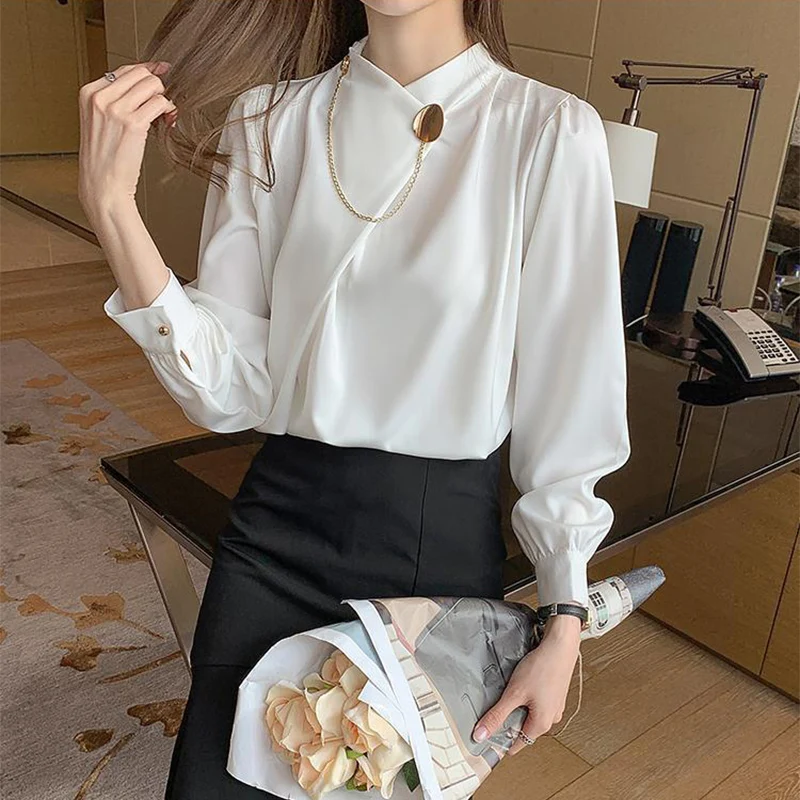 Einfarbig Elegante Langarm Arbeit Tragen Hemd Frauen Mode Unregelmäßige Ästhetische Oansatz Shirts Neue Temperament Ol Formale Hemd