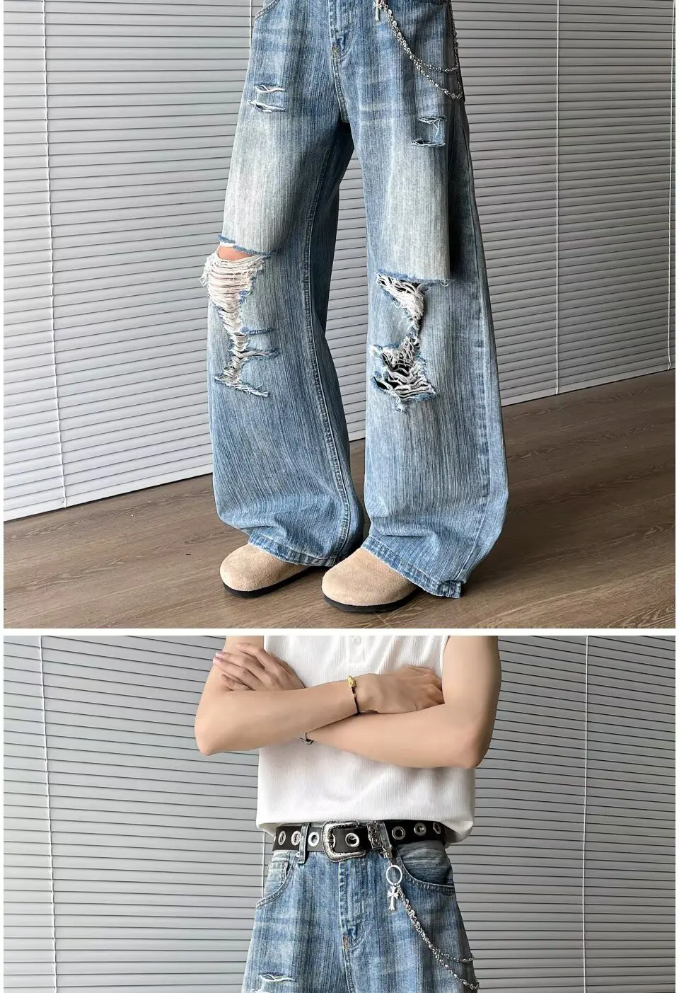 2025 Trashy Y2K Streetwear Washed Blue Baggy Ripped Jeans Hosen für Männer 90er Jahre Vintage Kleidung Straight Distressed Denim Hosen – Detail 7