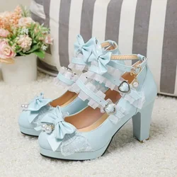 Cross Strap Women High Heels Mary Jane Pumps Party Wedding Cosplay White Pink Black Strawberry Bow Princess Cosplay Lolita Shoes