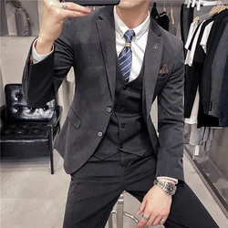 S-7XL ( Blazer + Vest + Pants ) Striped Plaid Solid Color Mens Formal Business Suit 3Pcs Set Groom Wedding Social Show Dress