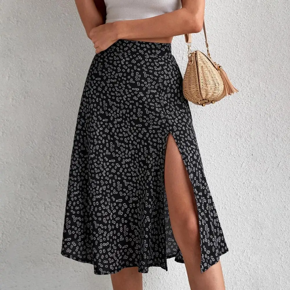 

Women Summer Skirt Slit A-line Floral Print High Waist Lady Skirt Loose Dress-up Elegant Lady Midi Skirt Female Clothes