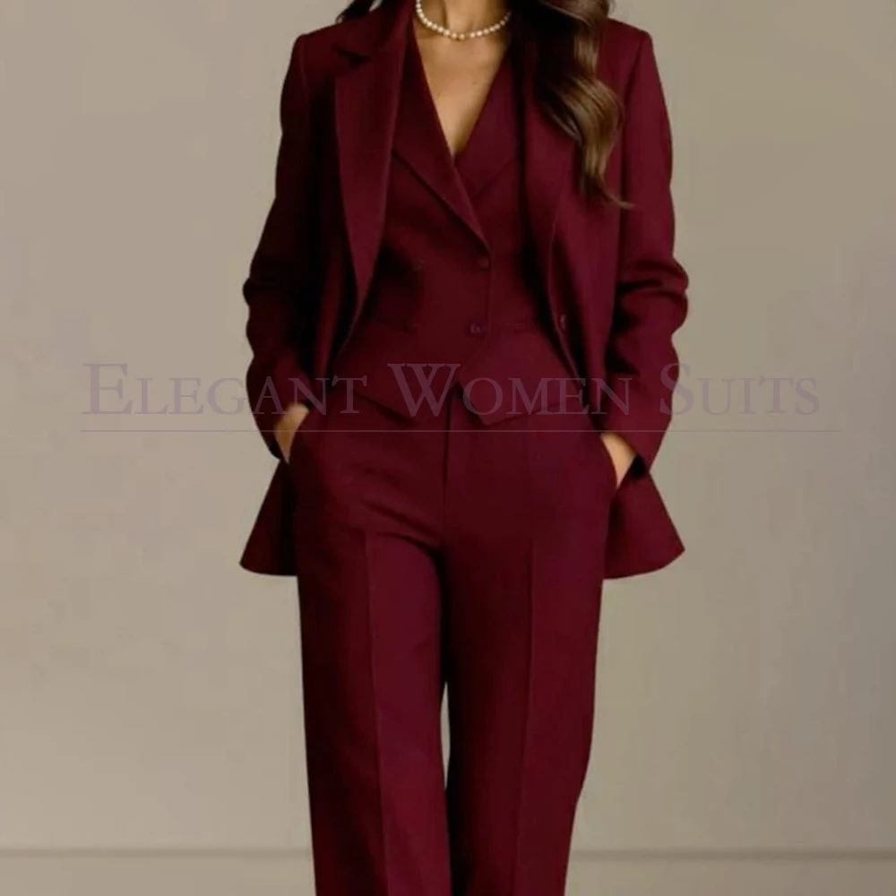 Burgundy Women's Suits Full Sets Tailor Made Single Breasted Notch Lapel 3 Piece Jacket Pants Vest Office Clothing