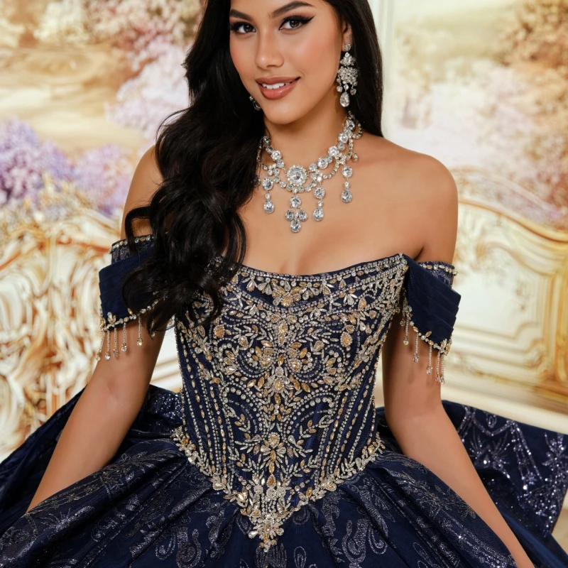 Navy Blue Glitter Quinceanera Dresses Off Shoulder Ball Gown Sweet 16 Dress Sequin Applique Beads Bow Tull Party Birthday Vestid