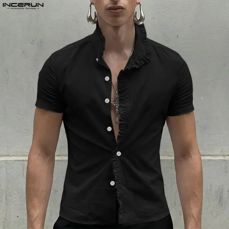 

INCERUN Men Shirt Solid Lapel Short Sleeve Ruffle Men Clothes Streetwear Summer 2026 Tops Stylish Casual Shirts For Man Camisa