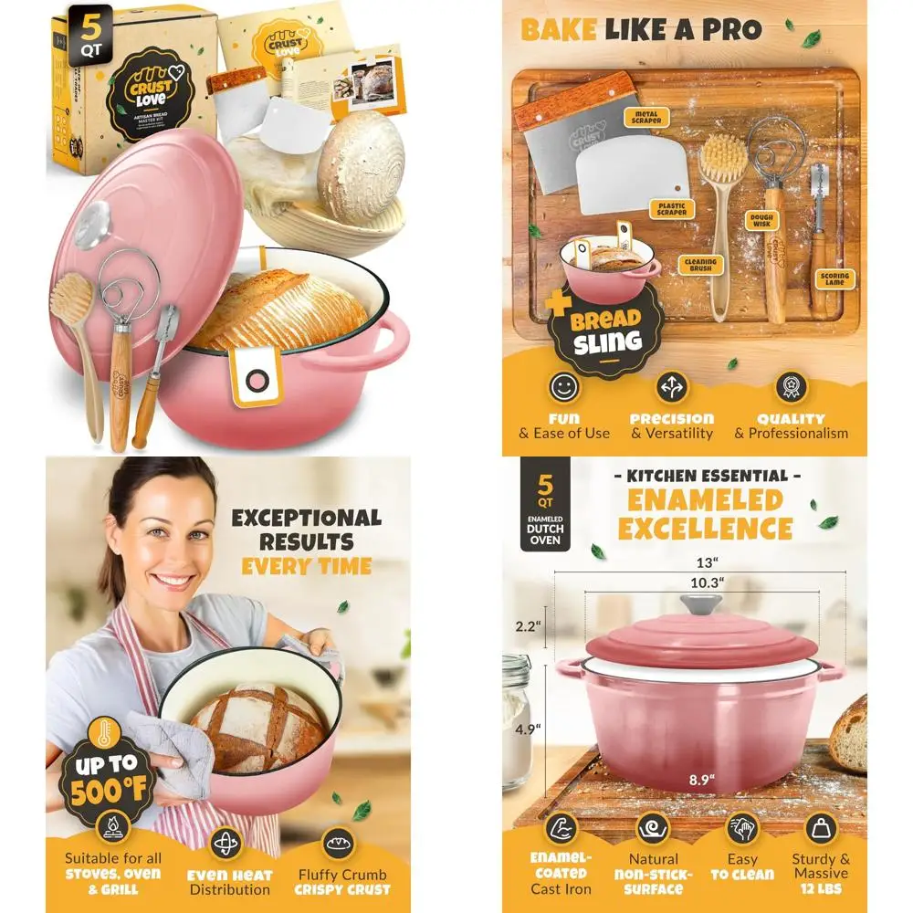 

Enameled Cast Iron Dutch Oven for Bread Baking - Perfect for Sourdough with Banneton Proofing Basket, 5-Quart Capacity