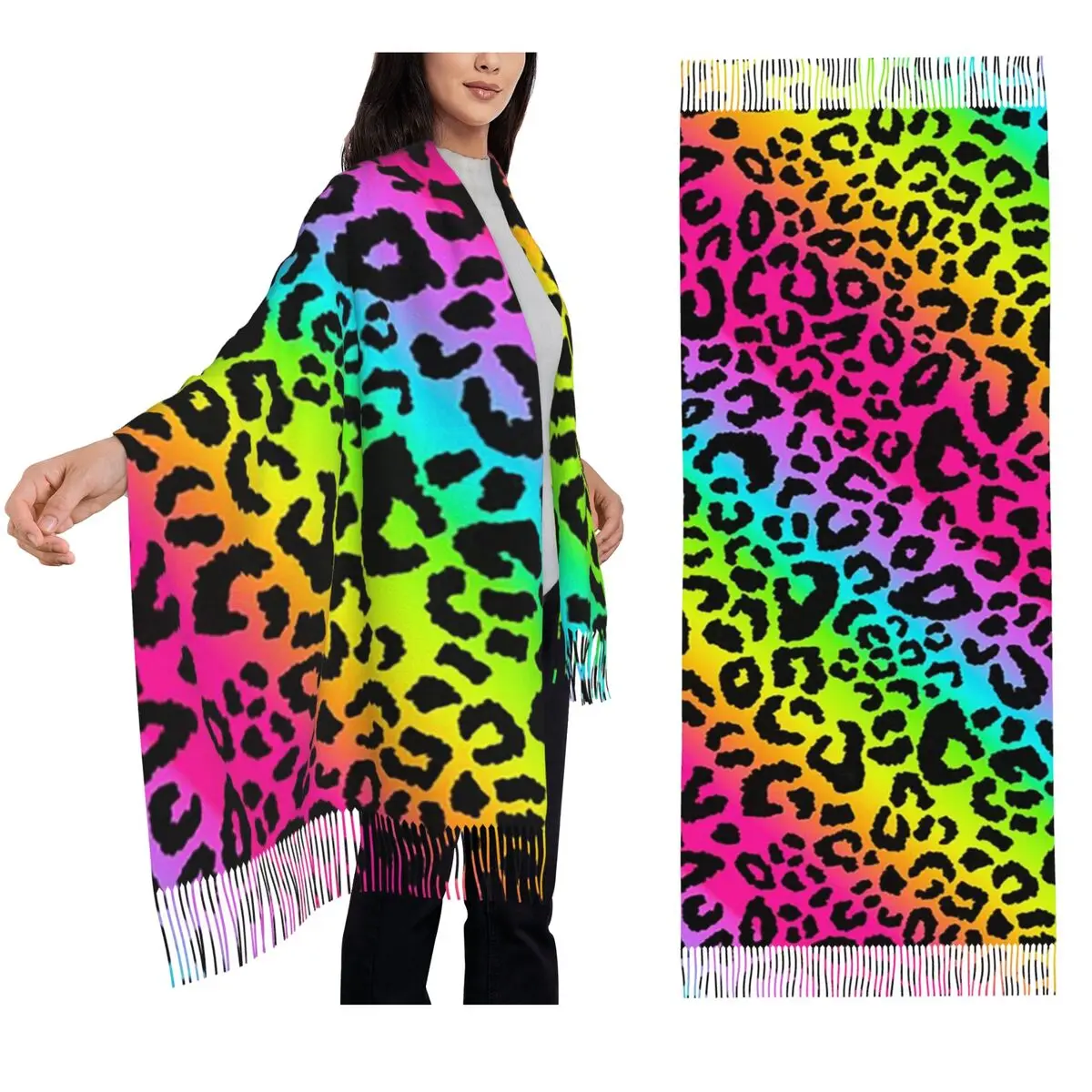 Colorful Rainbow Leopard Spots Pattern Scarf Tassel Scarves for Women Soft Warm Shawls and Wraps Large Fall Winter Shawl Wrap