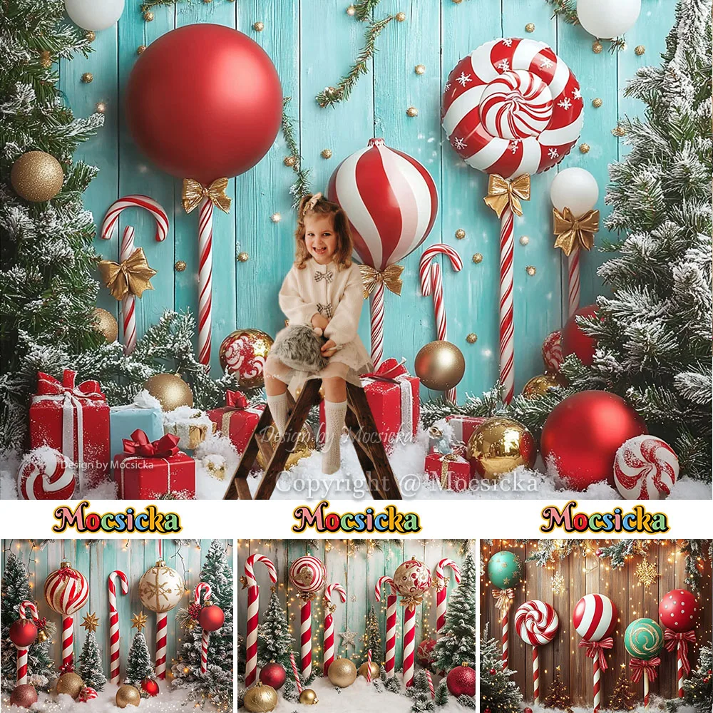 Mocsicka الأحمر عيد الميلاد قصب الحلوى خلفية التصوير الفوتوغرافي شجرة عيد الميلاد الهدايا جدار خشبي خلفية الشتاء الاطفال عيد ميلاد استوديو الصور