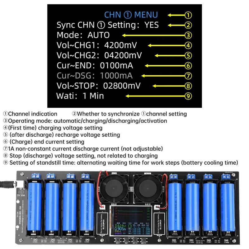 Módulo de prueba de capacidad de batería de litio 18650 de 8 canales, Detector de potencia de batería Digital Mah Mwh, tipo C