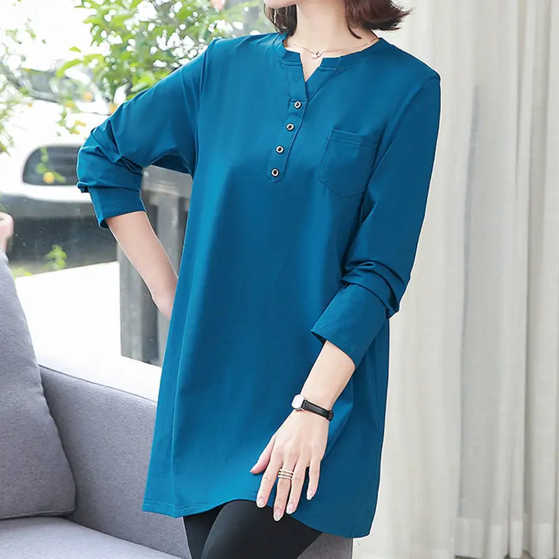 Women V Neck Long Sleeve Simple Casual Oversize T-shirt Korean Style Solid Comfortable All Match Basic Tunic Tops Female Clothes