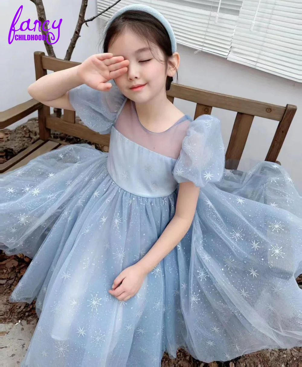 Summer Light Blue Princess Cinderella for Kids Girls Big Bow Stars Tulle Dress Child Wedding Birthday Party Ball Gown 3-10T