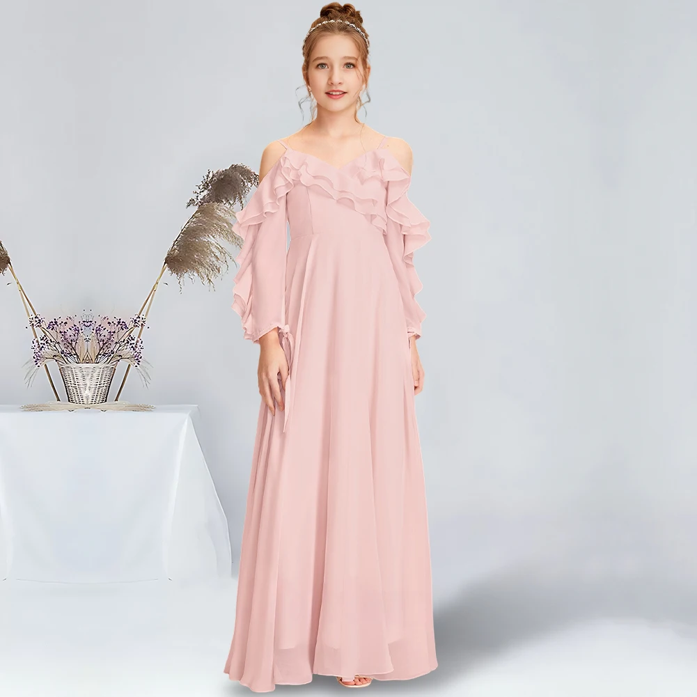 A-line Cold Shoulder Floor-Length Chiffon Junior Bridesmaid Dress Blushing Pink Flower Girl Dress for Wedding Communion Dress