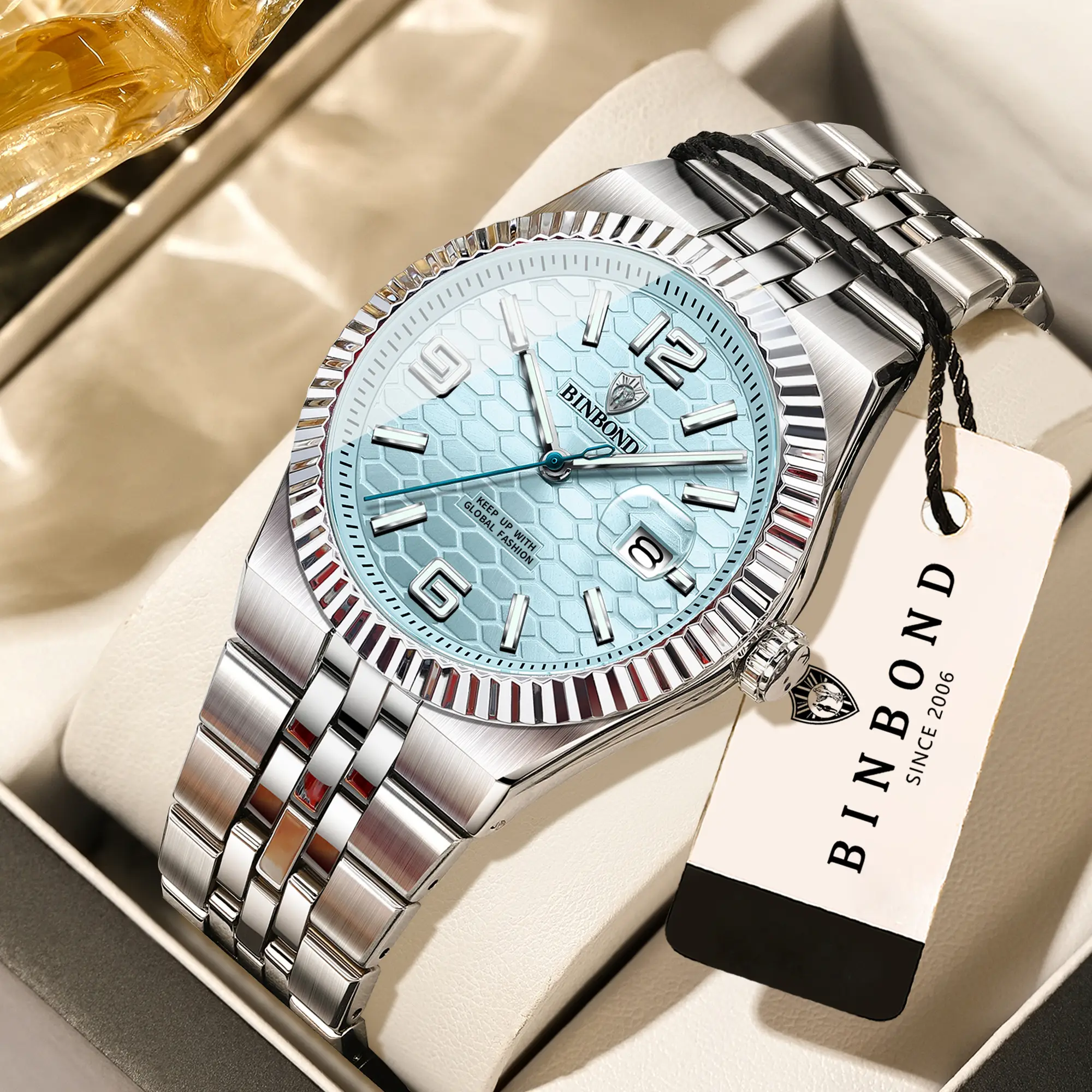 Relógio masculino BINBOND de luxo, com calendário, pulseira de aço inoxidável, quartzo, à prova d'água, luminoso, com data, moderno e casual.