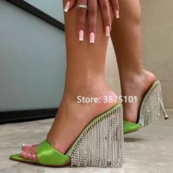 

Back Tassel Chains Sandals Women Pointed Toe Customized Silk Sandalias Weave Rhinestone Summer Shoes Ladies High Heels