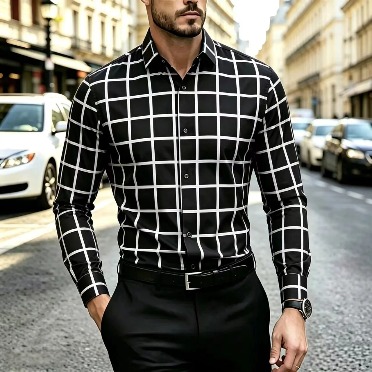 Men's Long Sleeved Checkered Shirt  Fashionable Lapel Shirt  Casual Business  Comfortable And Breathable  Streetwear