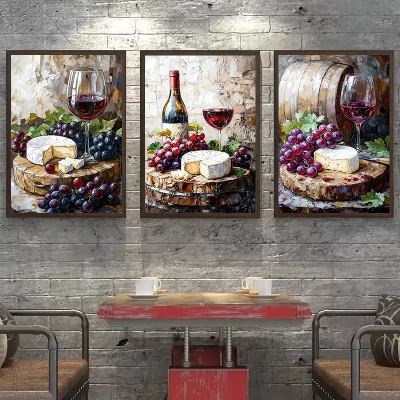 Watercolor Wine Cheese Olive Oil Kitchen Food Painting Rustic Artwork Aesthetic Canvas Poster Wall Pictures Home Farmhouse Decor