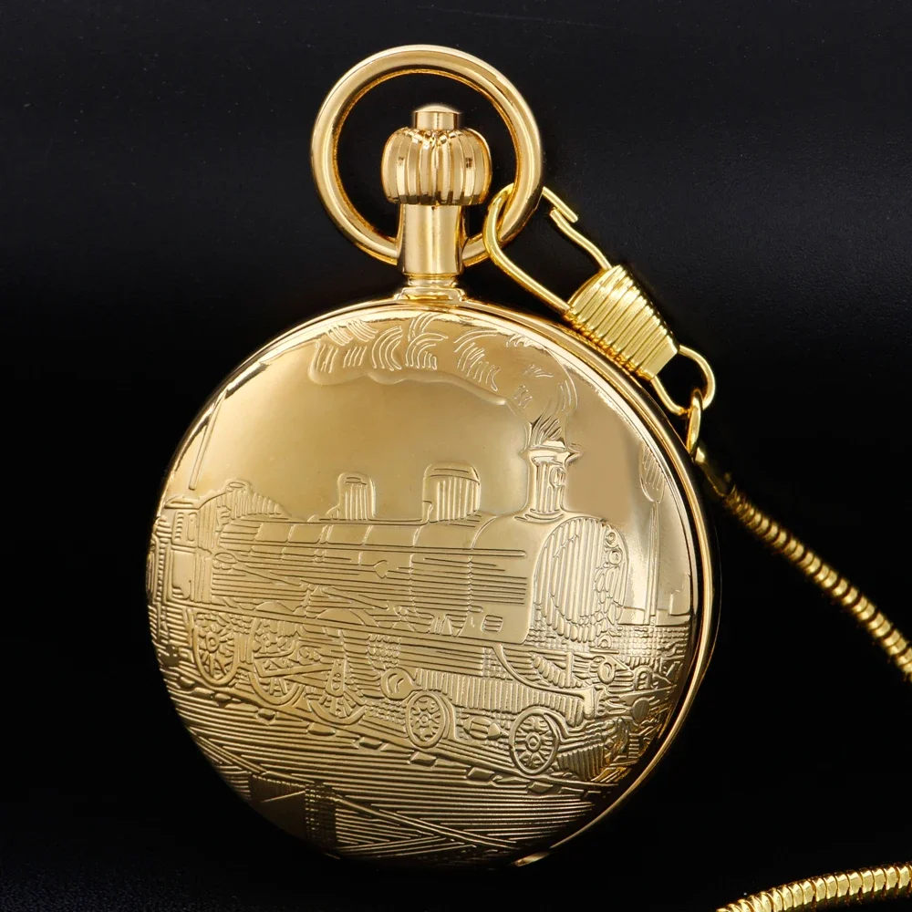 Gold Copper Steam Train Design Automatic Mechanical Men's Pocket Watch Gift Antique Steampunk Fpb Chain Timepiece PJX1771