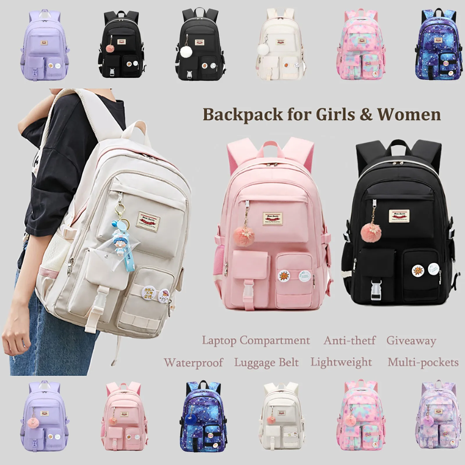 Back-To-School Large Capacity Backpack Durable 15.6-Inch Laptop Bag For Teens Girls Essential Storage Bag Students' Stationary