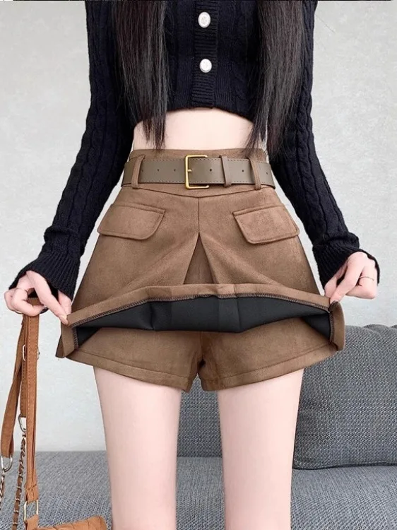 

Retro Coffee Color Deer Skin Velvet Casual Skirt Pants Women's High Waist Wide Leg Boot Pants Sweet Spicy Girl A-Line Workwea...