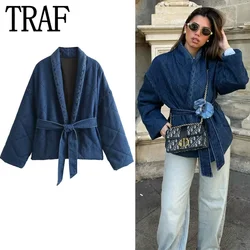 TRAF 2024 Denim Quilted Jacket Woman Blue Padded Jacket Woman Belt Long Sleeve Warm Winter Coat Woman Streetwear New In Coats