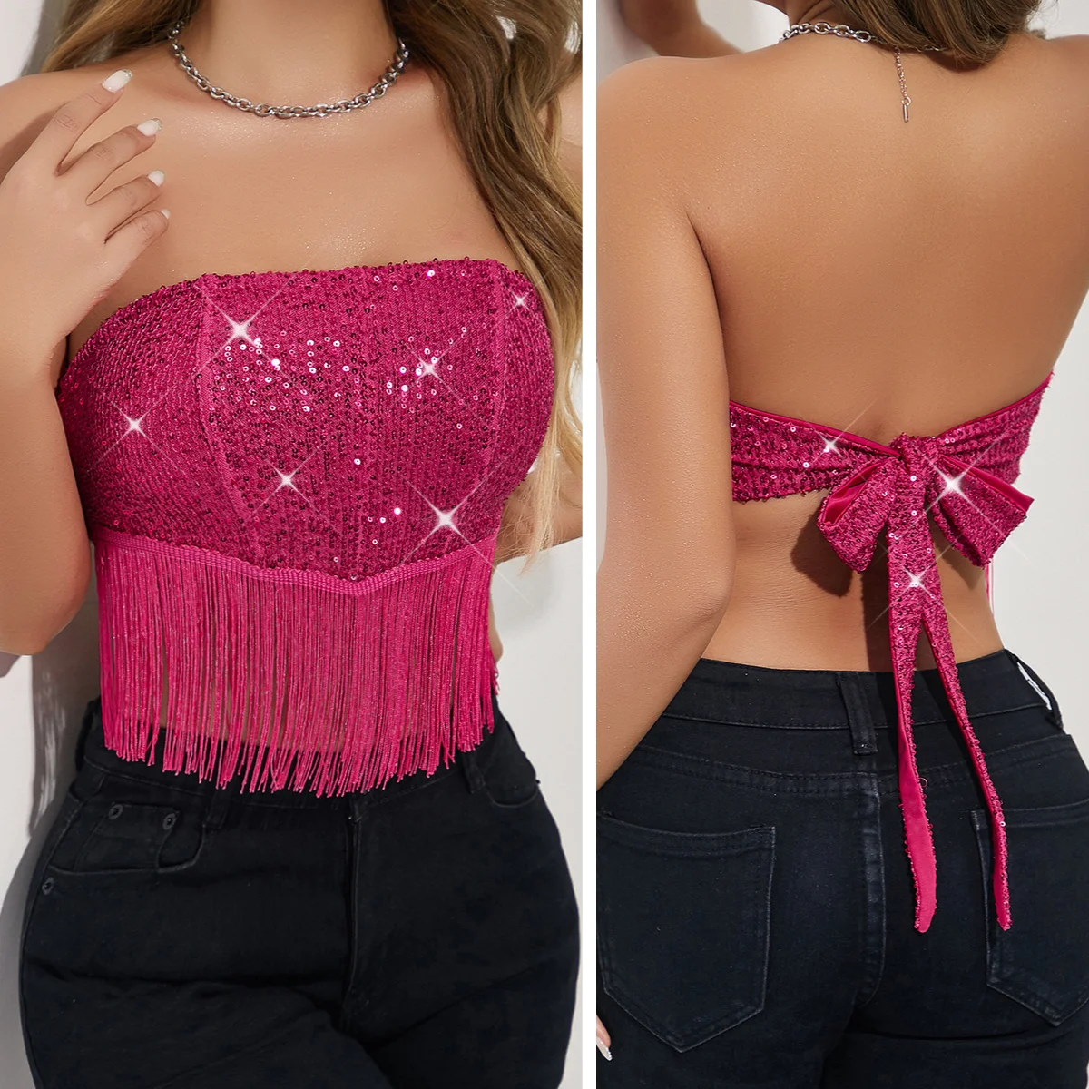 

Sexy Sequin Bustier Tassel Corset Crop Tops Sleeveless Camisole Partywear Summer Women Fashion Slim Strapless Lingerie Tank Top