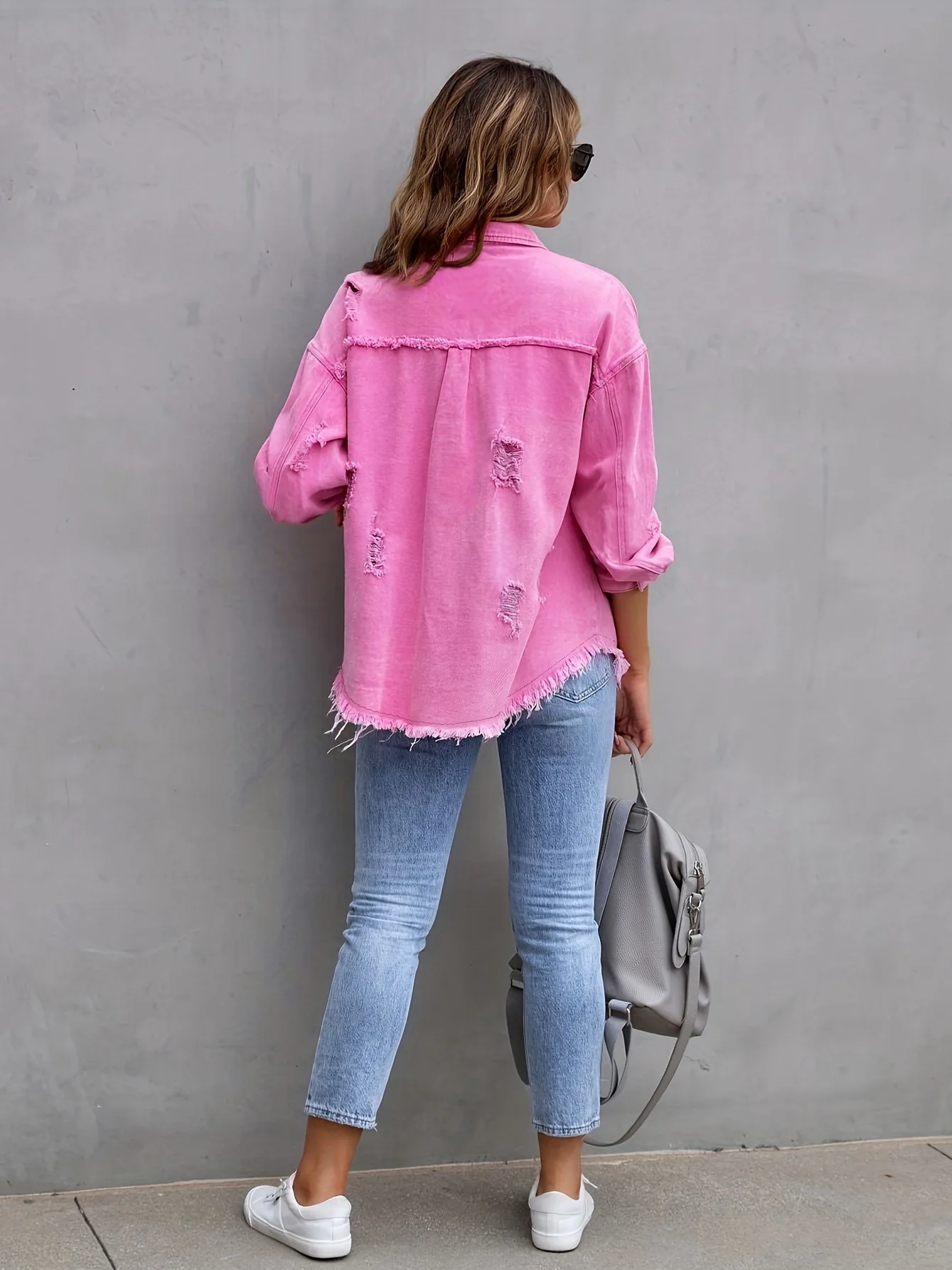 New Fashionable Women's Denim Jacket - Summer Long-Sleeved Button-Down Distressed Loose-Fitting Ladies Coat