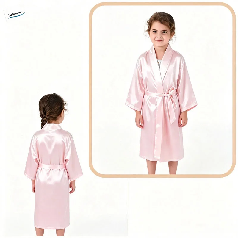 Kids Silky Satin Kimono Robe With Tie Belt V‑Neck 3/4 Sleeve Soft Glossy Sleepwear For Girls Home Party Loungewear
