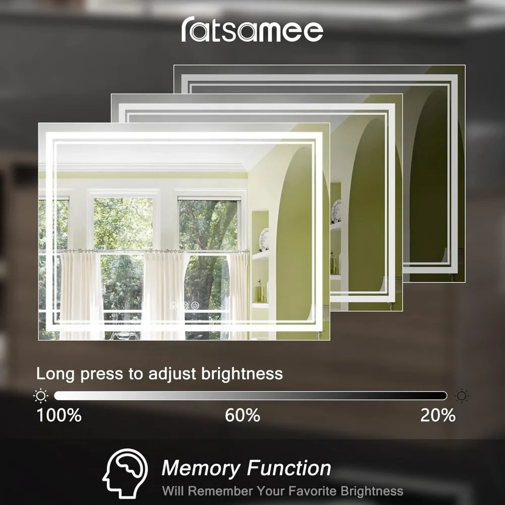 مرآة Led مقاس 48 × 32 بوصة للحمام مع ضوء أمامي وإضاءة خلفية، مرآة حمام جدارية قابلة للتعتيم ومضادة للضباب مع أضواء LED، ماء P