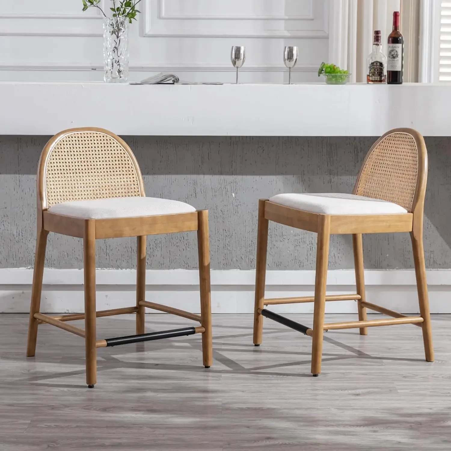 HEAH-YO Rattan Counter Stools Set of 4, 26 Inches Counter Height Bar Stools with Rattan Backs and Wood Legs, Uphlostered Linen F