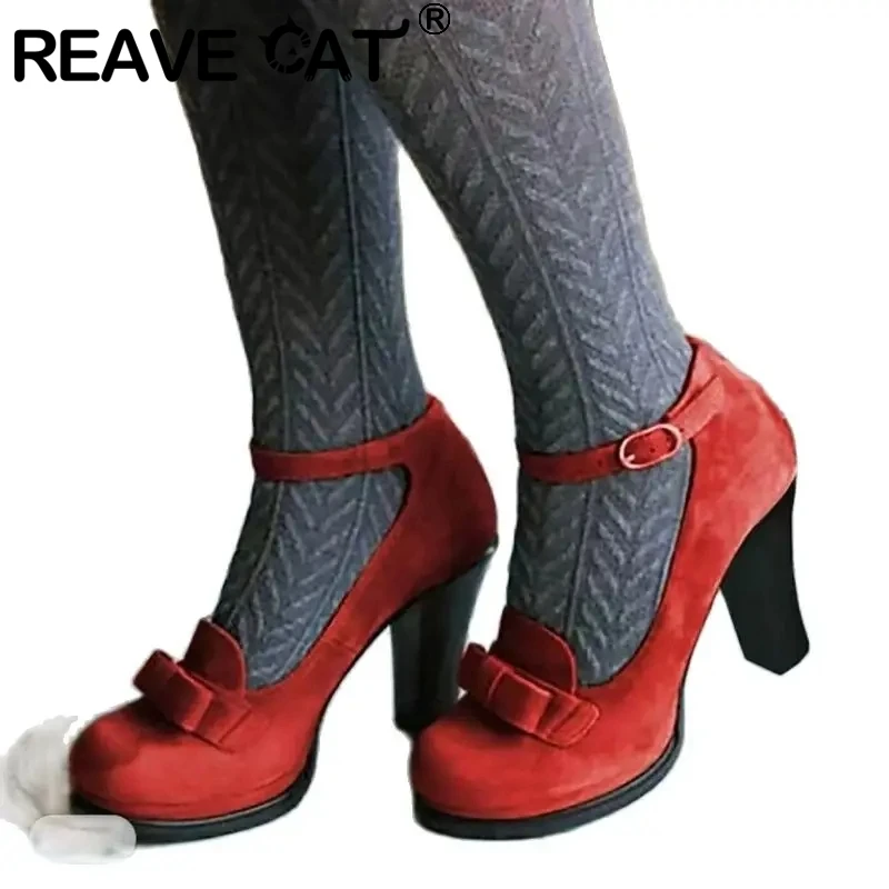 

REAVE CAT Women Pumps Flock Suede Round Toe Chunky High Heels Bownot Plus Size 41 42 43 30 31 Elegant Party Female Shoes Summer