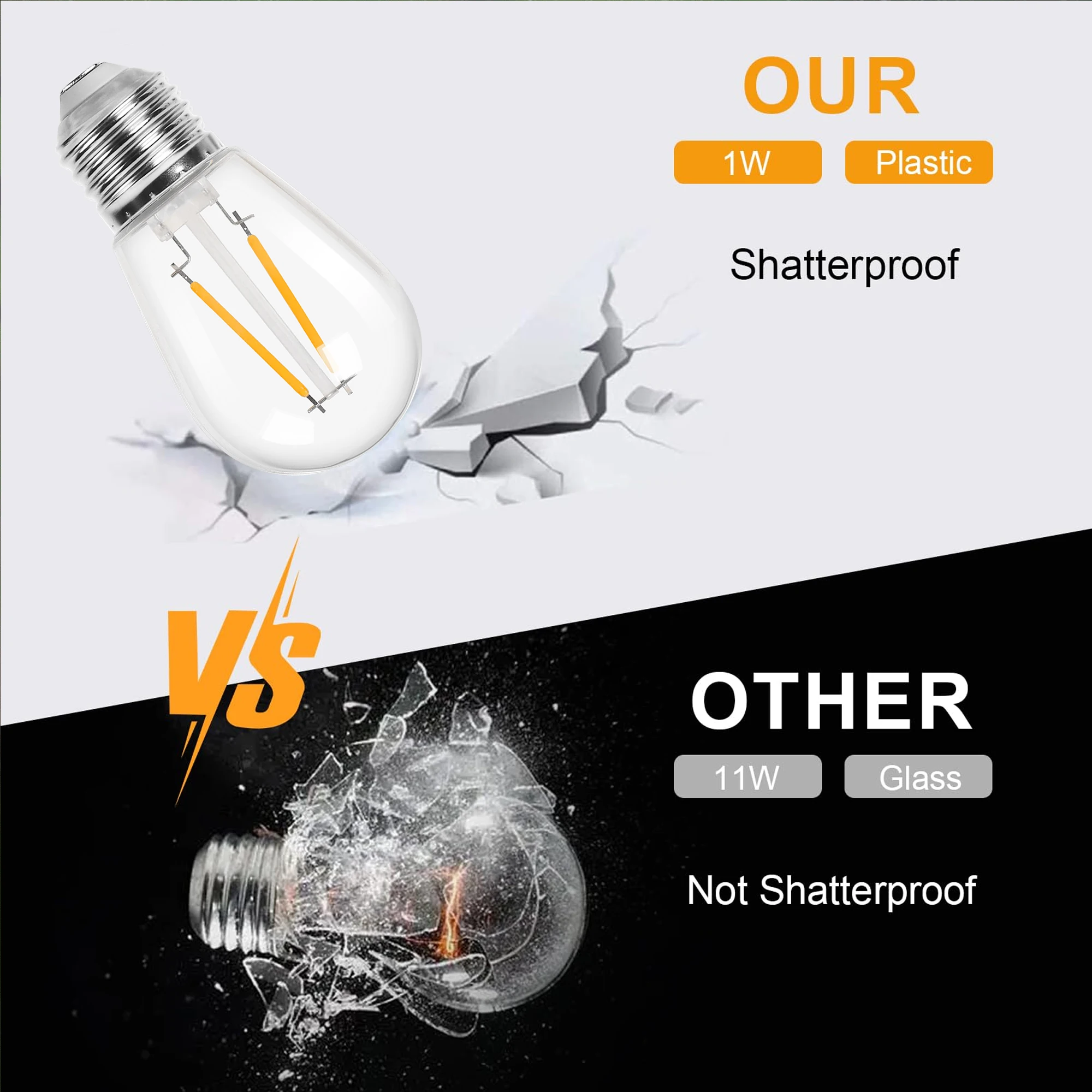 25PCS S14 2W Plastic LED Filament Light Bulbs E27 Base Shatterproof Outdoor String Light Replace Bulb For Wedding Party Garden